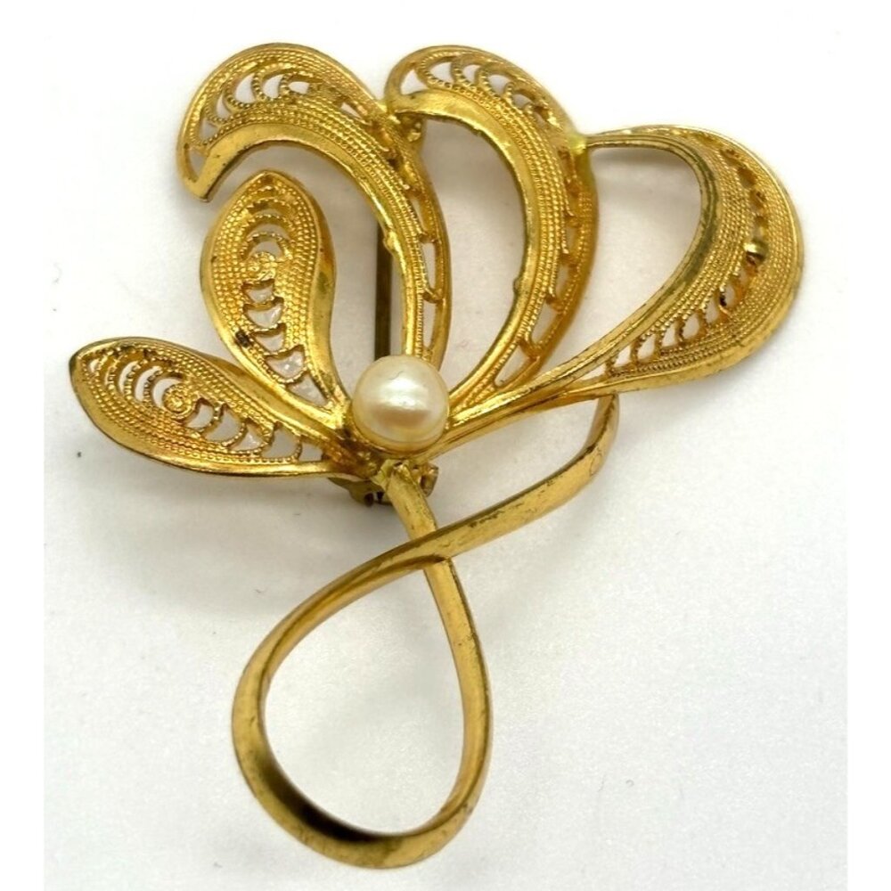 Vintage Gold Tone Filigree Swirl Brooch with Faux Pearl Marked "Western Germany"